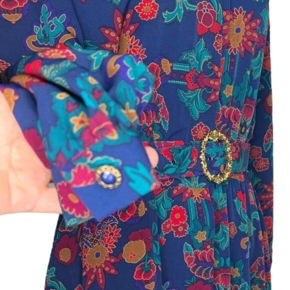 Schrader Long Sleeve 80s Floral Shirt Belted Dress With Jewel Button Cuffs Sz 8 - Picture 4 of 16
